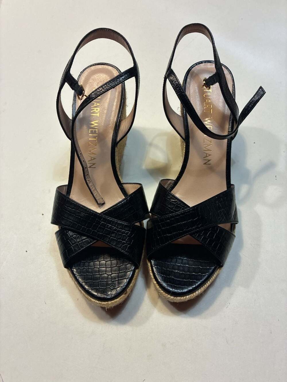 Stuart Weitzman Dayna Black Croc-Embossed Leather Espadrille Wedge Sandals - Picture 1 of 12